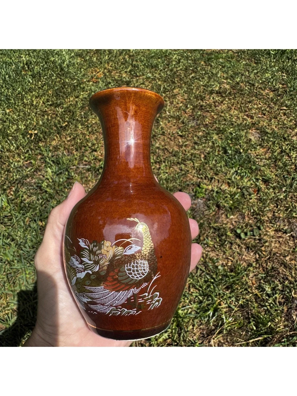 Vintage Peacock Floral Brown Ceramic Vase 6 Inch Decorative Accent